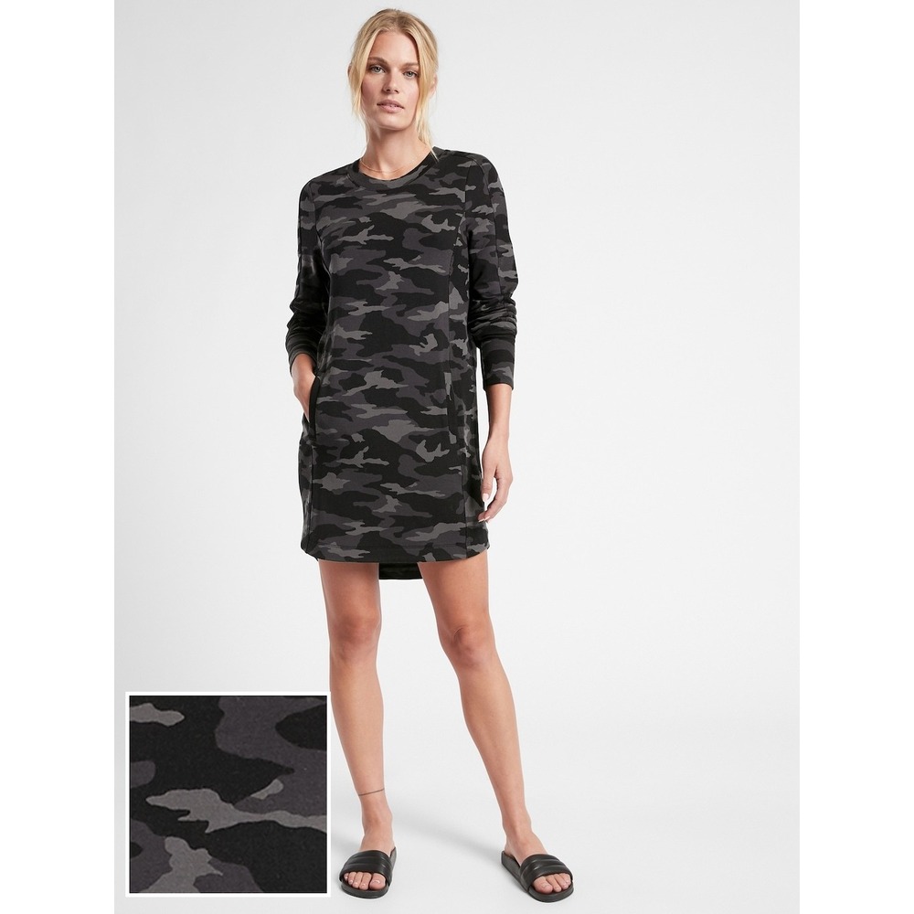 Athleta Balance Printed Dress Gray Camo Long Sleeve Pocket Mini S 982685-01